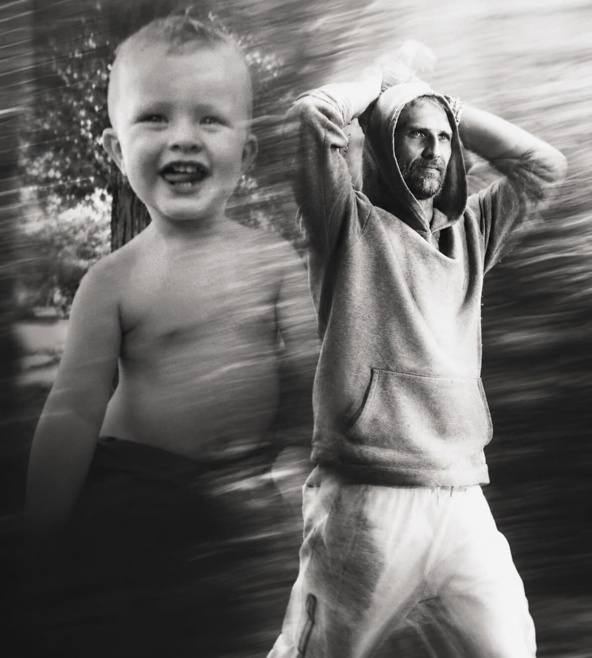 A photomontage: Dominic mid-run in his hoodie, and beside him, larger than life, Rafaël at two — shirtless, laughing, caught in the same motion blur, as if the two of them were out running together.