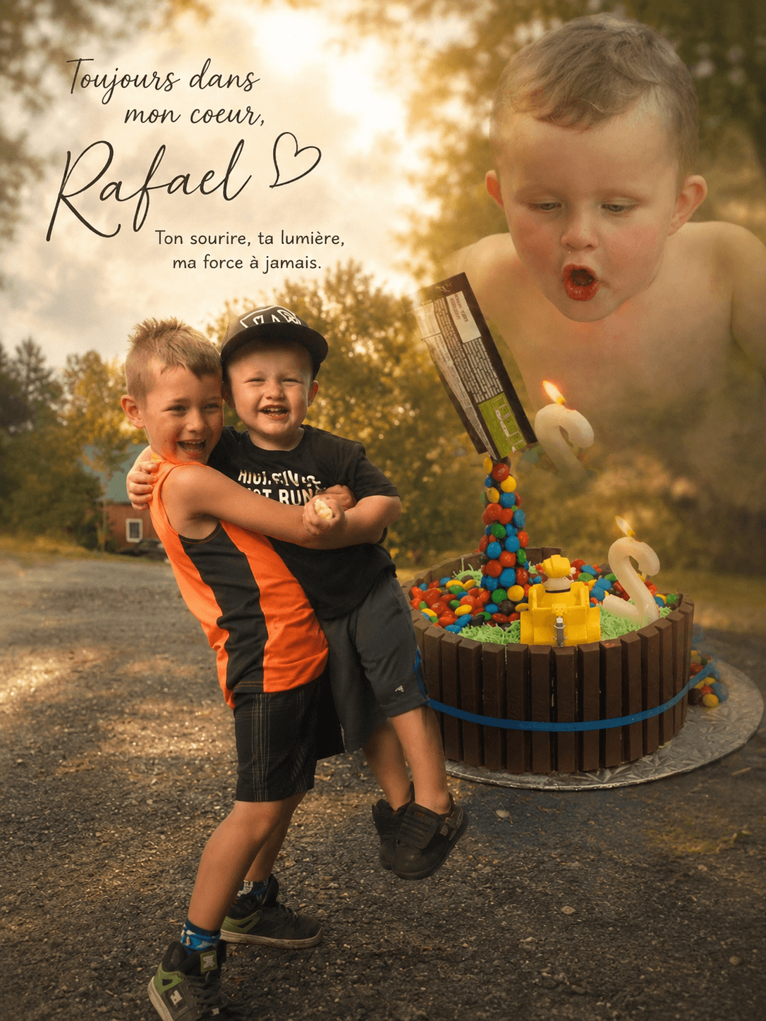 A photomontage for Rafaël: he laughs in his brother Maksim's arms while, behind them in the golden sky, he blows out the candle on his second birthday cake. Written across it: Toujours dans mon coeur, Rafael — ton sourire, ta lumière, ma force à jamais.